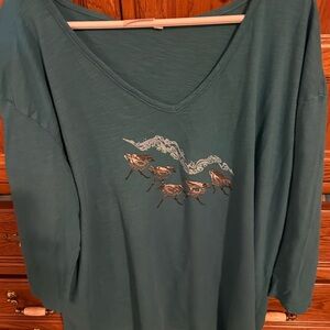 Teal V-Neck Tunic with Bird Graphic